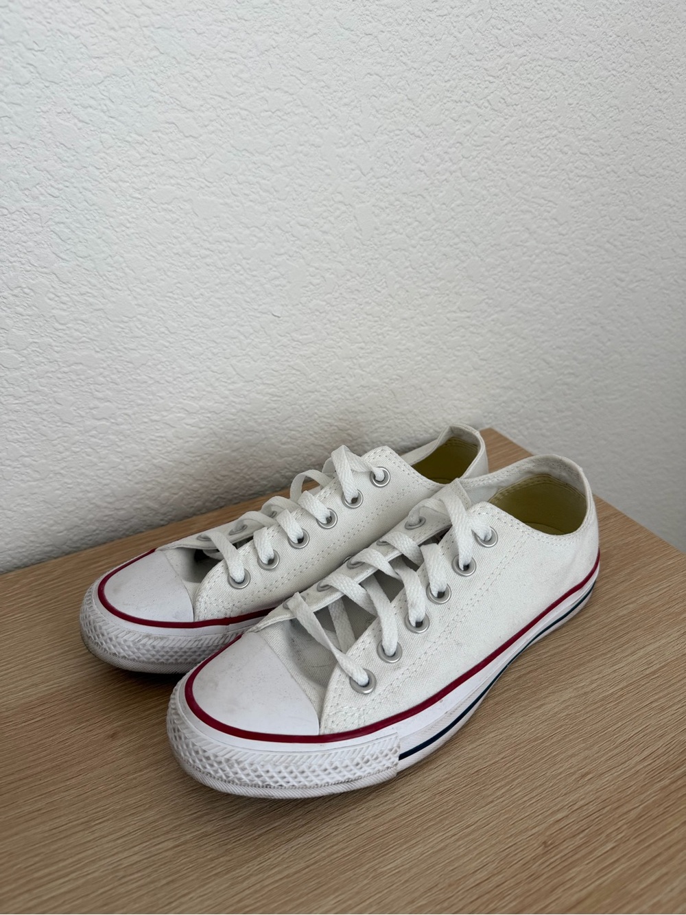 Converse White Low Top Sneakers with Red & Navy Stripe